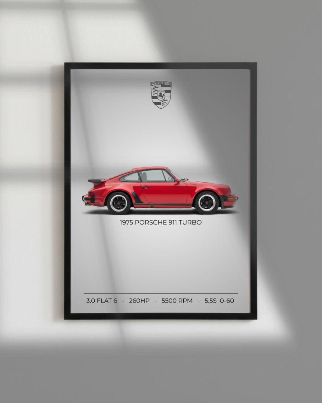 1975 Porsche 911 turbo matte vertical poster showcasing performance specs and iconic design elements.