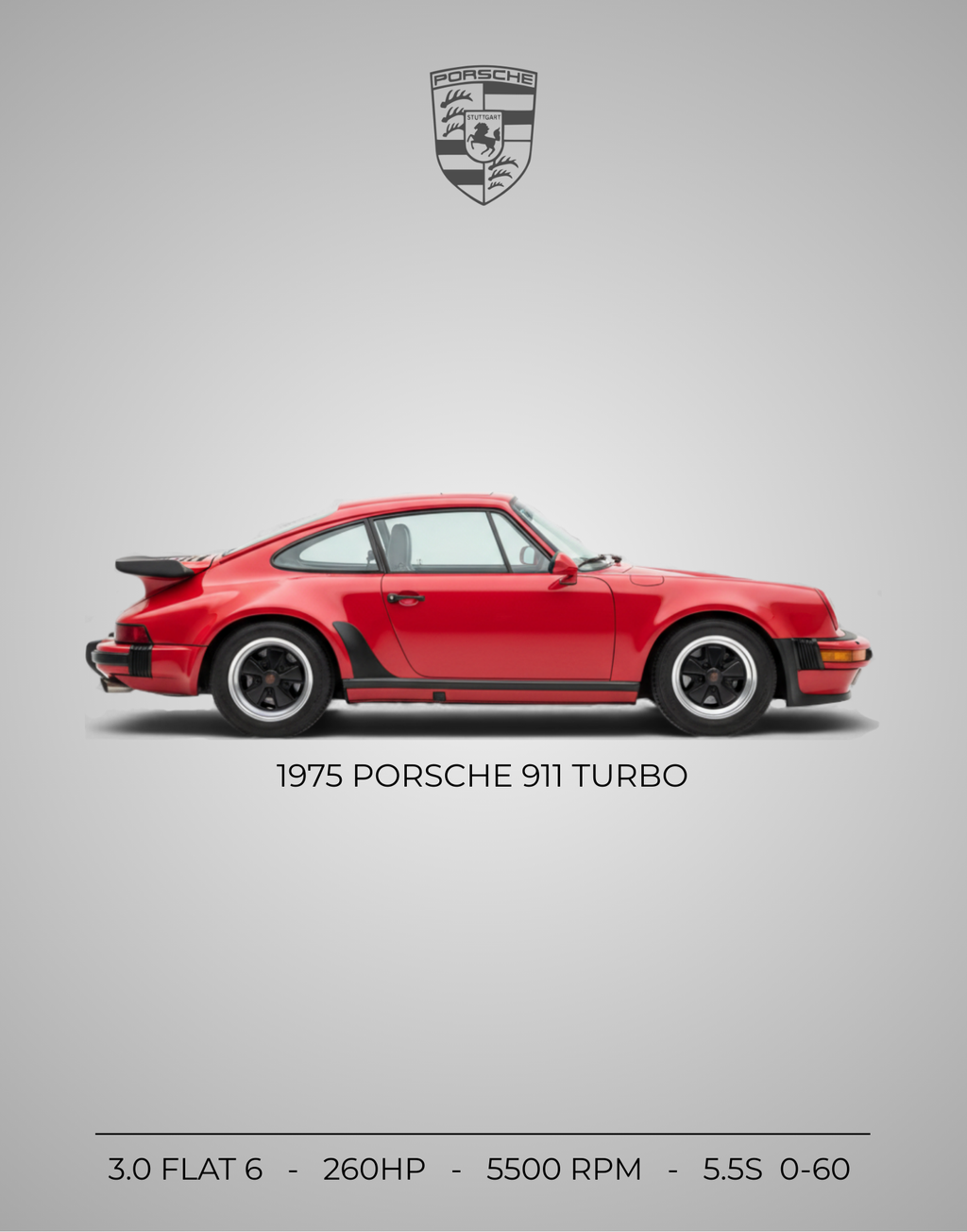 1975 Porsche 911 turbo in vibrant red showcasing its iconic design and performance specifications.