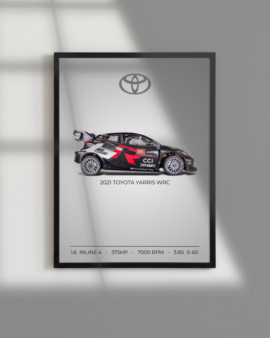 2021 Toyota Yaris WRC poster showcasing the rally car's profile and performance specs on matte vertical art.